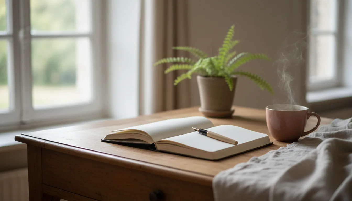 Carnet ouvert, stylo et tasse de tisane dans une ambiance douce