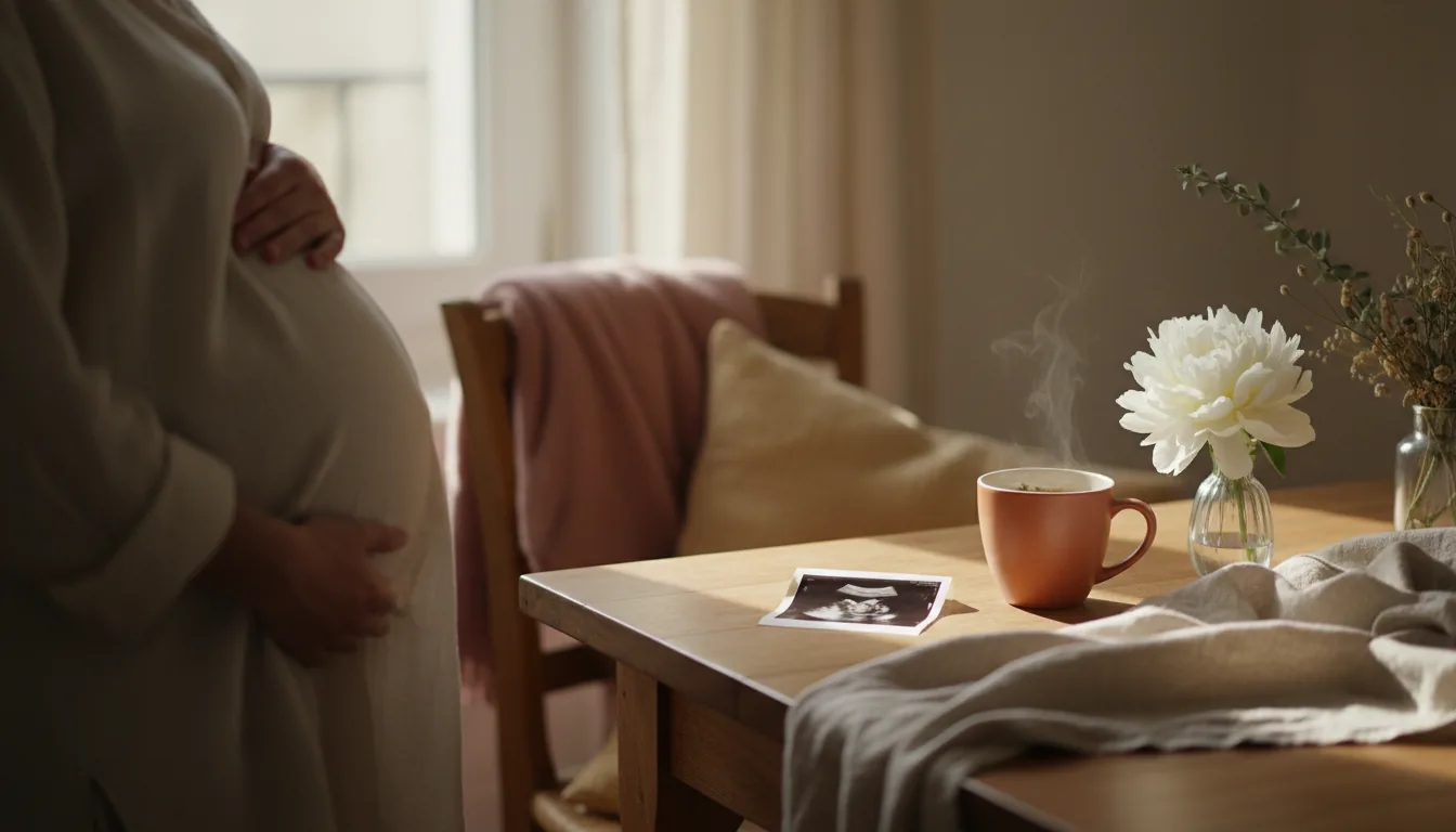 Silhouette d'une femme enceinte et photo d'échographie posée sur une table en bois