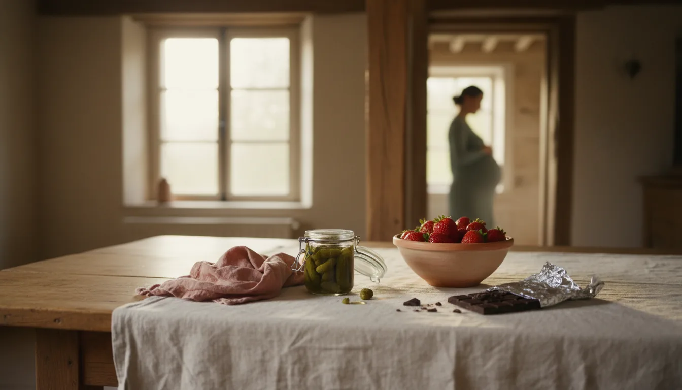 Bocal de cornichons, mouchoir et fraises sur une nappe en lin