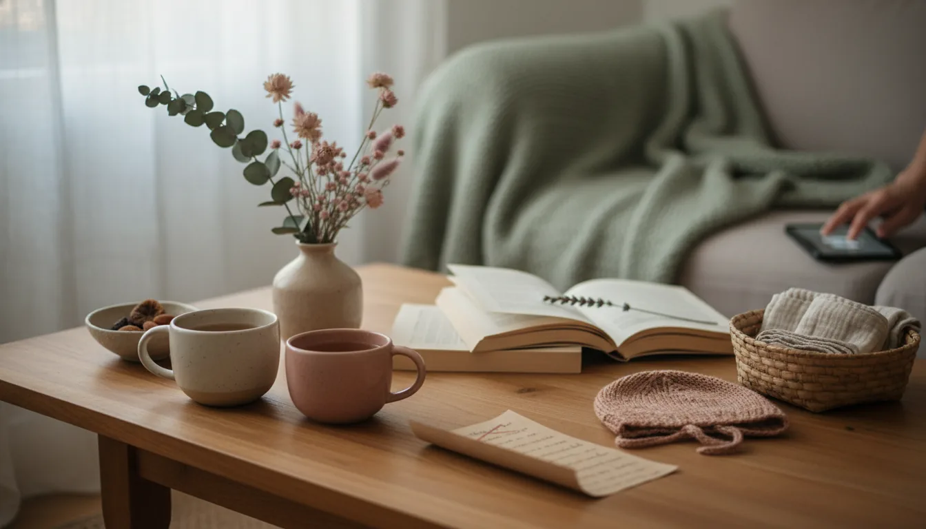 Tasse de tisane et liste manuscrite sur papier kraft entourées de fleurs séchées couverture tricotée bonnet de bébé et p