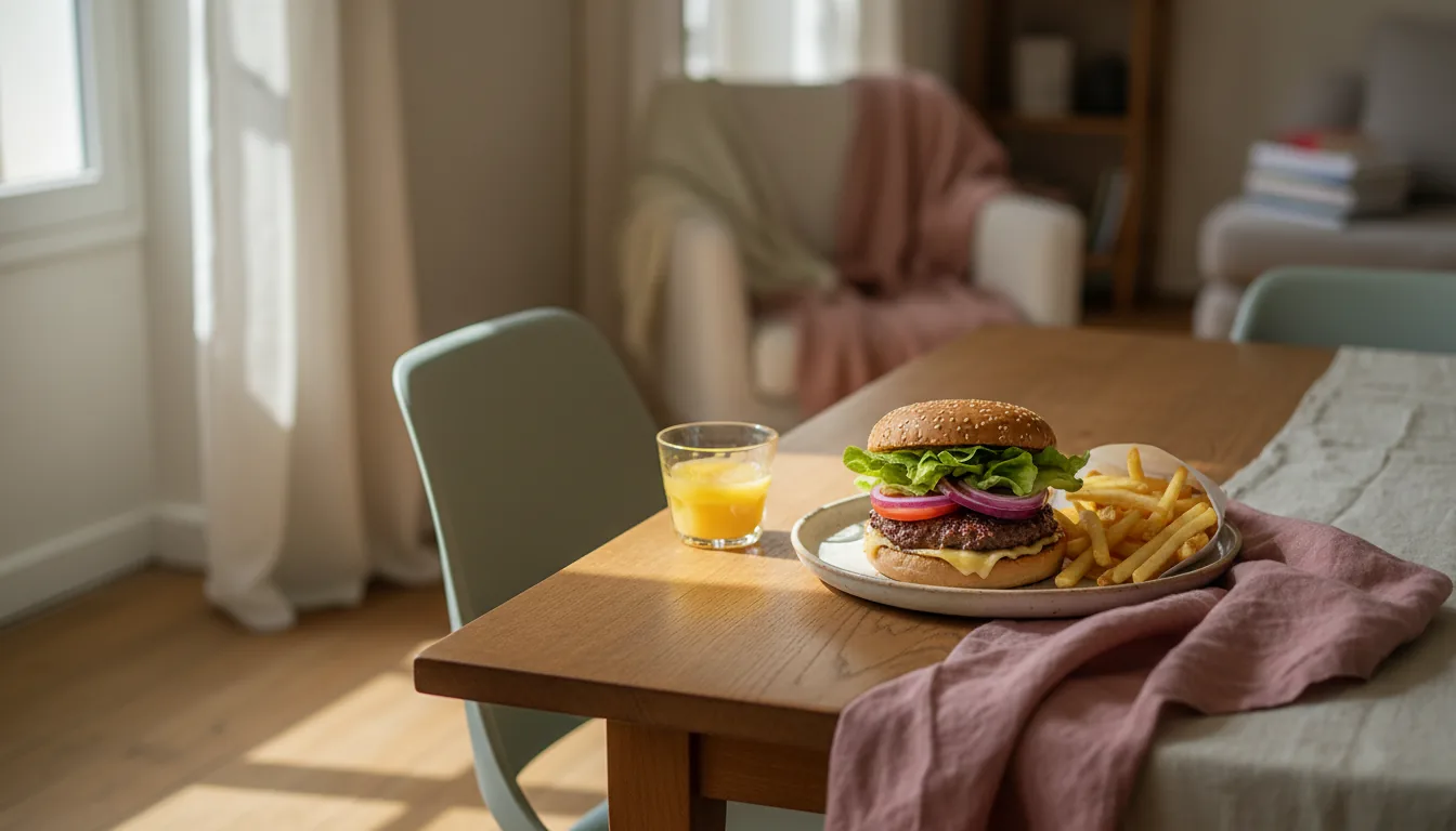 Burger maison et jus d'orange sur une table en bois