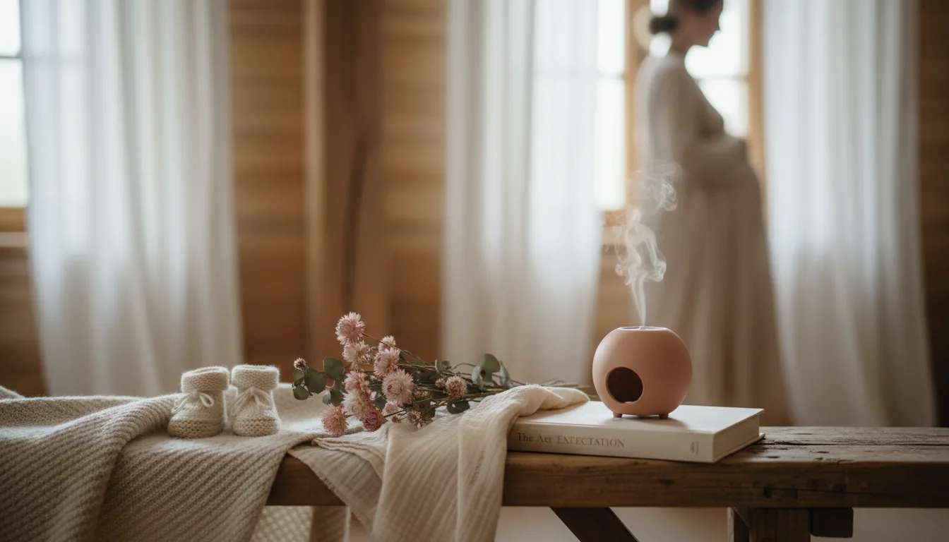 Chaussons de bébé et bouquet de fleurs séchées sur une couverture crème