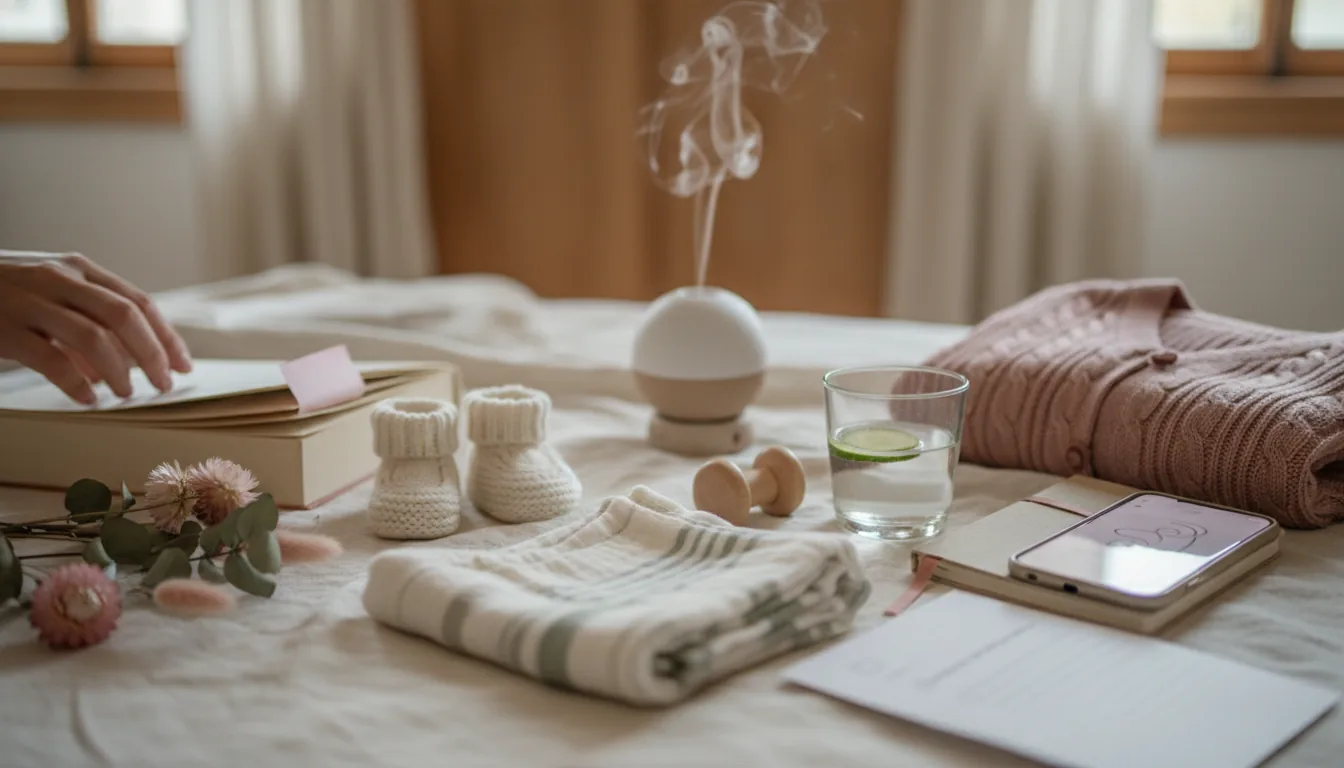 Préparation douce à l’accouchement avec accessoires apaisants et essentiels maternité baignés de lumière matinale