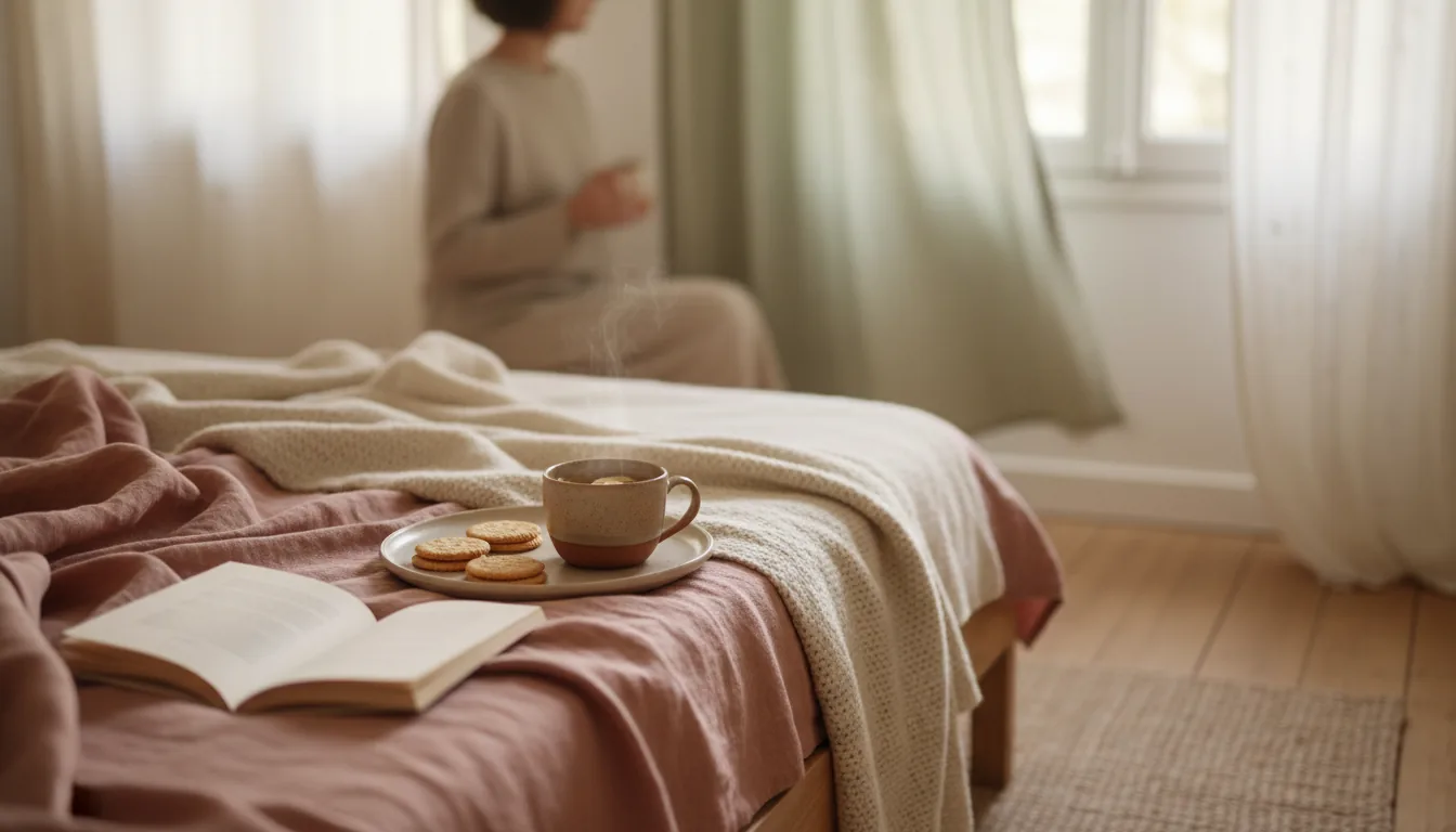 Tisane au gingembre, plaid et crackers sur un lit cocooning
