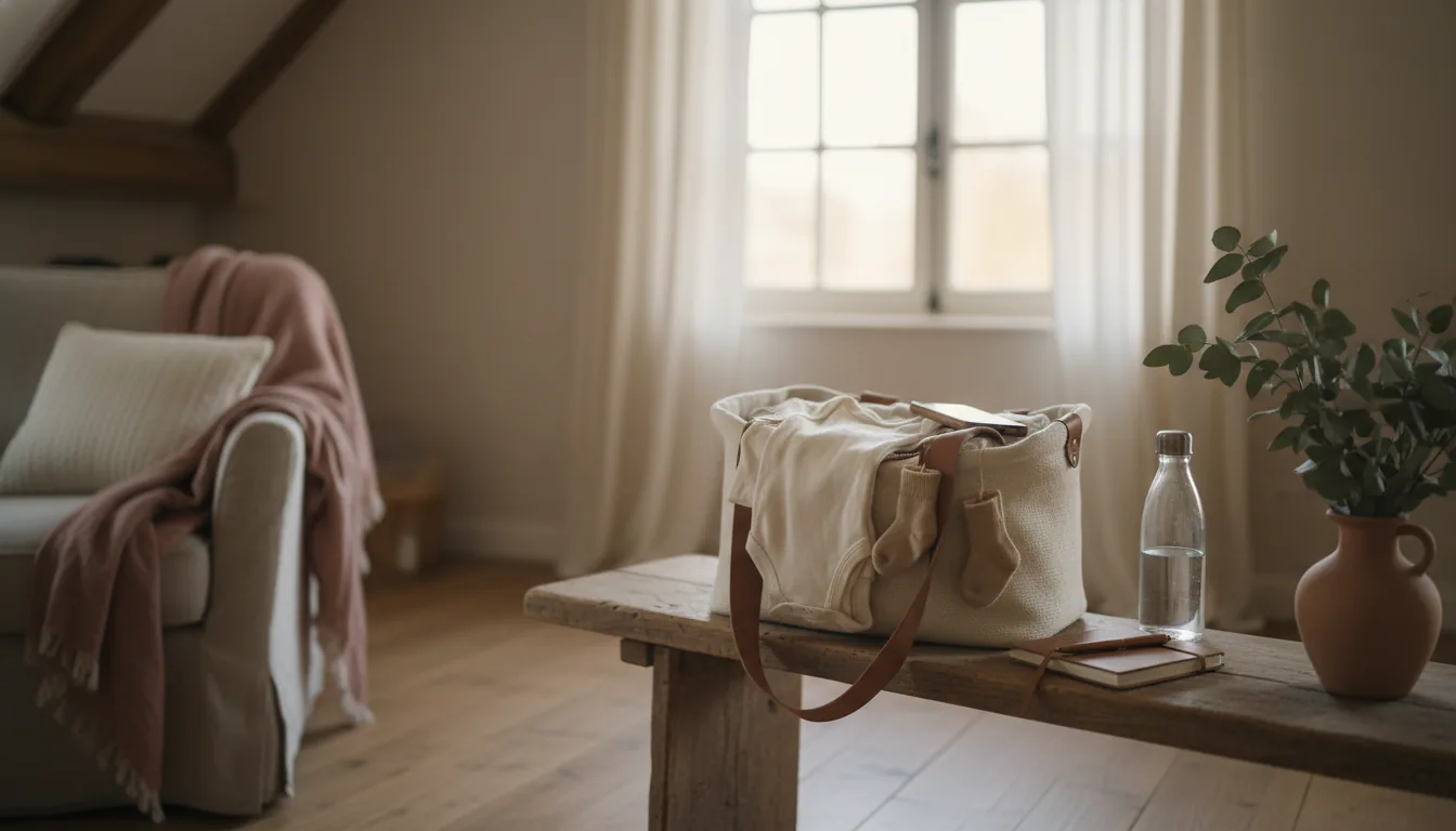 Valise de maternité préparée sur un banc en bois