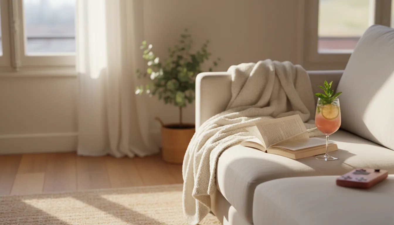 Mocktail rose, livre ouvert et plaid sur un canapé cocooning