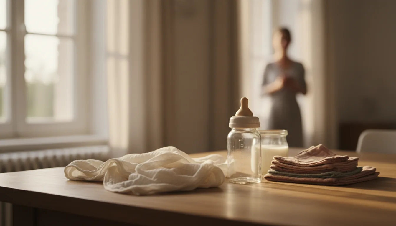 Biberon en verre et lange en coton posés sur un tissu crème