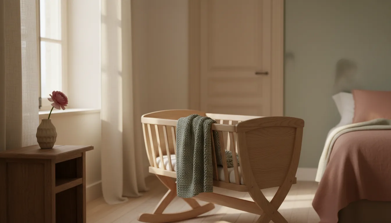 Berceau en bois et plaid douillet dans une chambre baignée de lumière douce