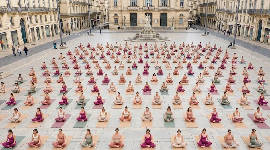 Femme enceinte en tenue douce sur tapis de yoga lin avec coussin méditation couverture bol de camomille huile de lavande et accessoires prénatals baignés de lumière naturelle